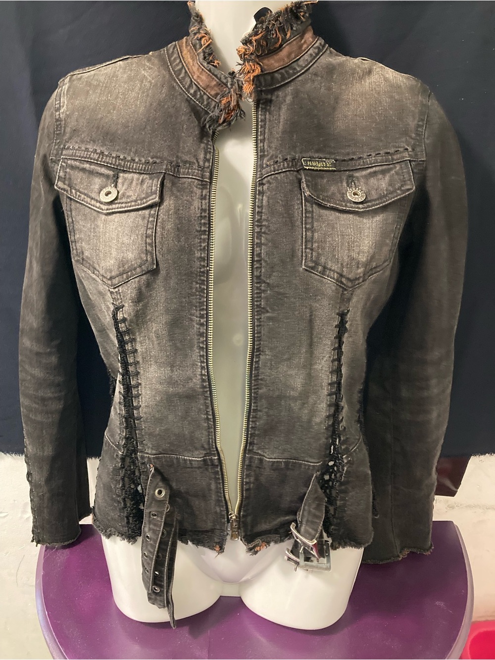 Parasuco Ergonomia Jeans Corset Lace-Up Distressed Denim Jacket Y2K XS